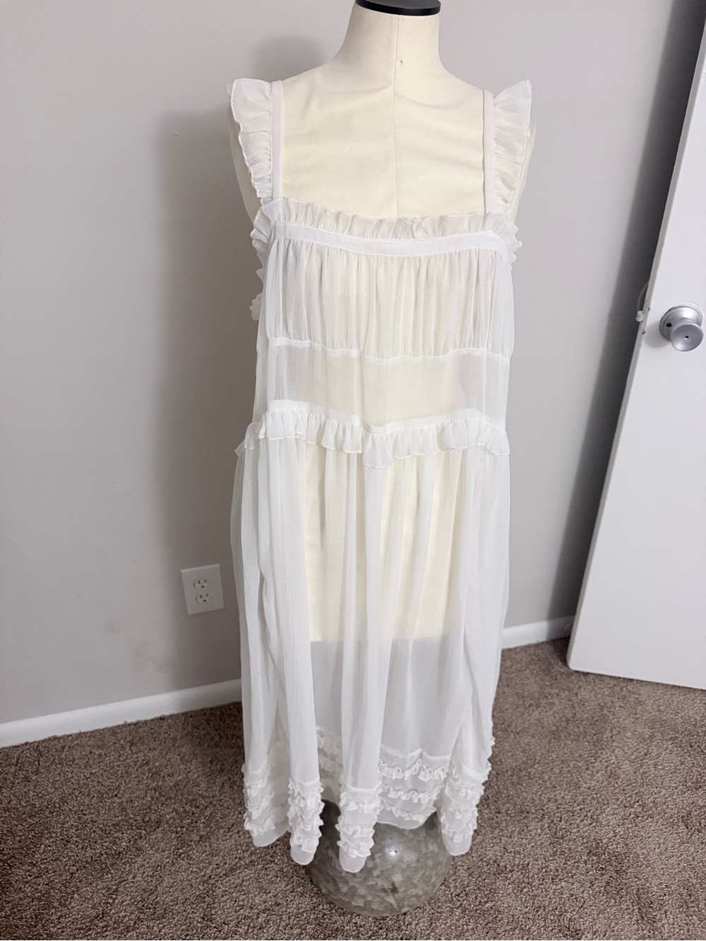 ❌SOLD❌Free People White Sheer Ruffle Tiered Midi Dress Slip Cover Up Size M - Picture 3 of 7